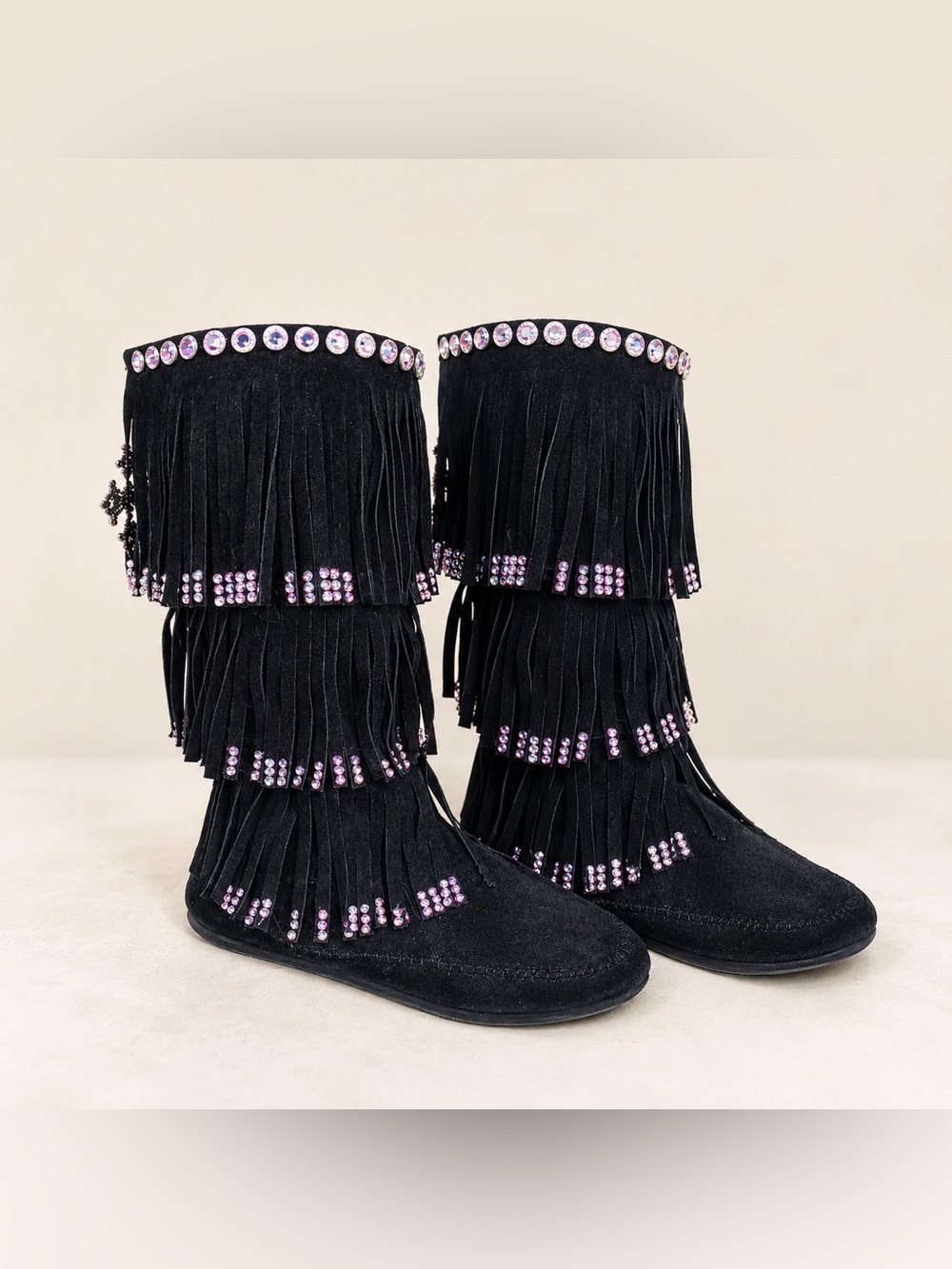 BRAND NEW W TAGS Black Suede Fringe Moccasin Boots